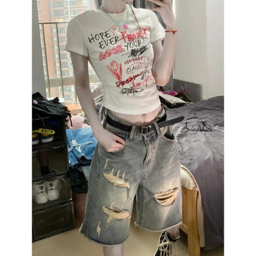 American retro five-quarter pants for women high street vibe style hiphop loose straight pants beggar personalized ripped shorts