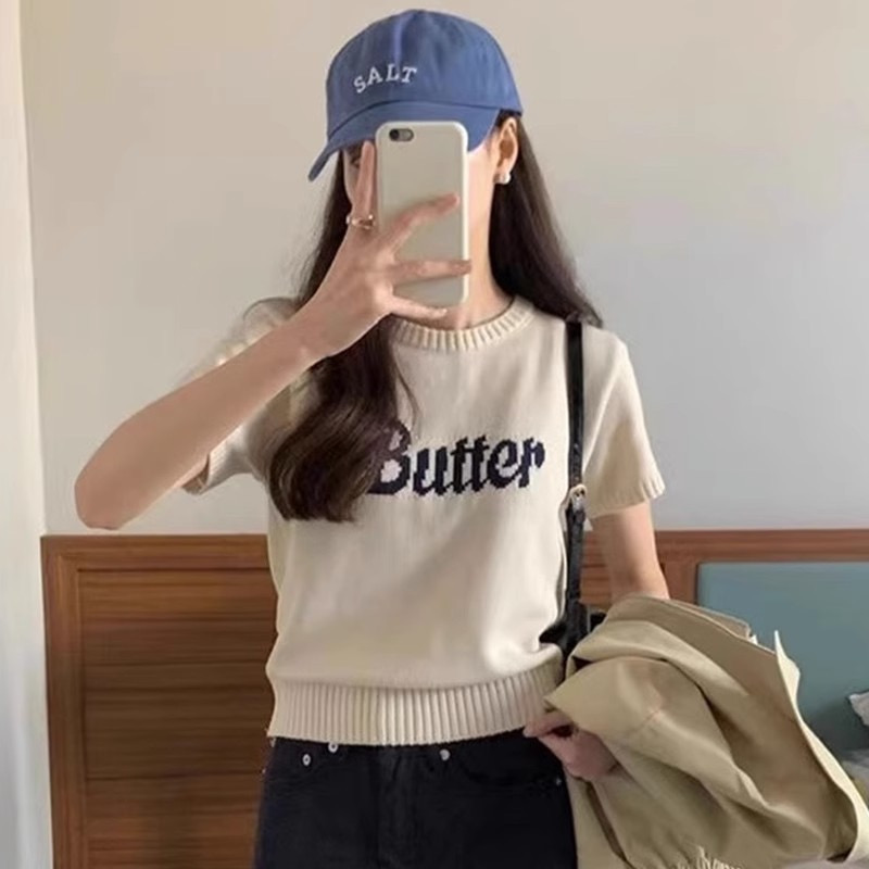 Korean chic summer niche simple round neck embroidered letter design loose casual versatile short-sleeved sweater for women