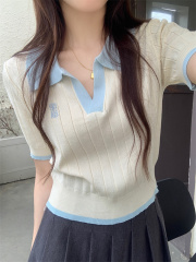 實拍小清新撞色翻領短款針織衫女2024新款韓版小個子百搭上衣