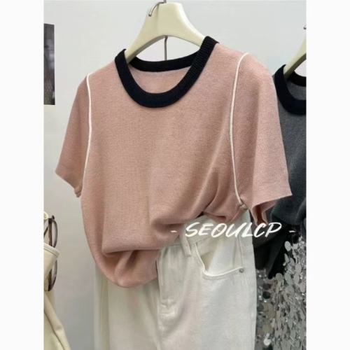 Seoulcp Korean blog recommended!  Wool color block short sleeve sweater loose breathable contrast color bottoming shirt for women