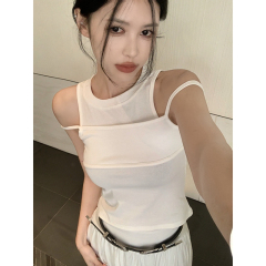 Official image 40 cotton rib white, cleverly disguised two-piece sleeveless white top women's summer clothing
