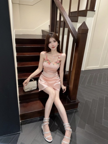 Real shot ~ Mesh Little Red Book 3D Flower Suspender Slim Pink Resort Style Small Sexy Pure Desire Dress for Women