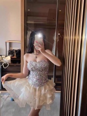 一字肩抹胸連衣裙女夏重工亮片裙子拼接氣質公主蓬蓬短裙