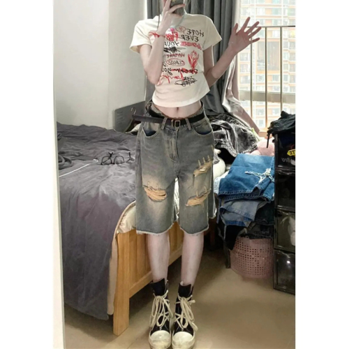 American retro five-quarter pants for women high street vibe style hiphop loose straight pants beggar personalized ripped shorts