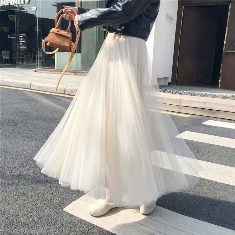 Official Picture Half-Skirt for Women, Medium-Long Length, High-Waist Pleated Sheer Mesh Skirt with Lace, Slim-Fitting