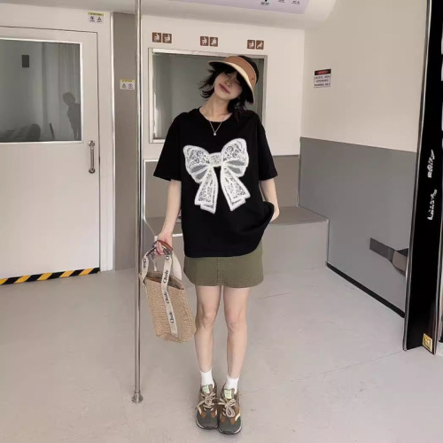 Printed bow short-sleeved T-shirt for women summer 2024 new high-end niche design loose half-sleeved top trendy