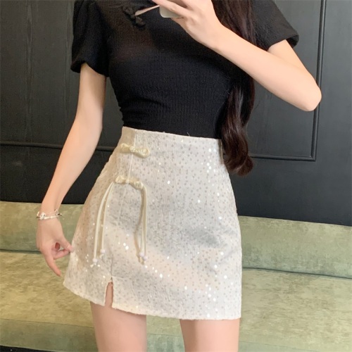Real shot!  Skirt New Chinese style sequin plate buckle strap-on take-off A-line skirt for small people high waist slimming short skirt