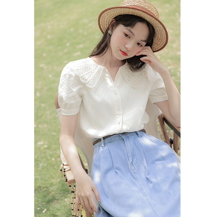 實拍設計感娃娃領短袖襯衫女2024年夏季新款氣質白襯衣氣質上衣