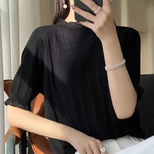 Hollow sweater women's short-sleeved summer new style mesh splicing design niche slim fit top women's trend