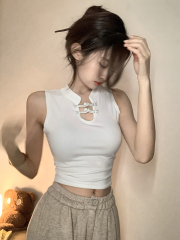 實拍~修身顯瘦無袖盤扣背心女夏短上衣辣妹