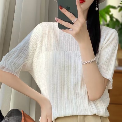 Hollow sweater women's short-sleeved summer new style mesh splicing design niche slim fit top women's trend