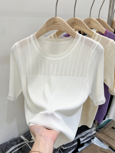 Hollow sweater women's short-sleeved summer new style mesh splicing design niche slim fit top women's trend