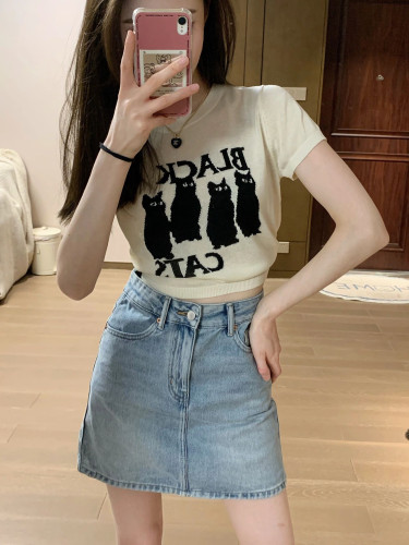 New summer cat sweater short-sleeved top for women with denim skirt two-piece set