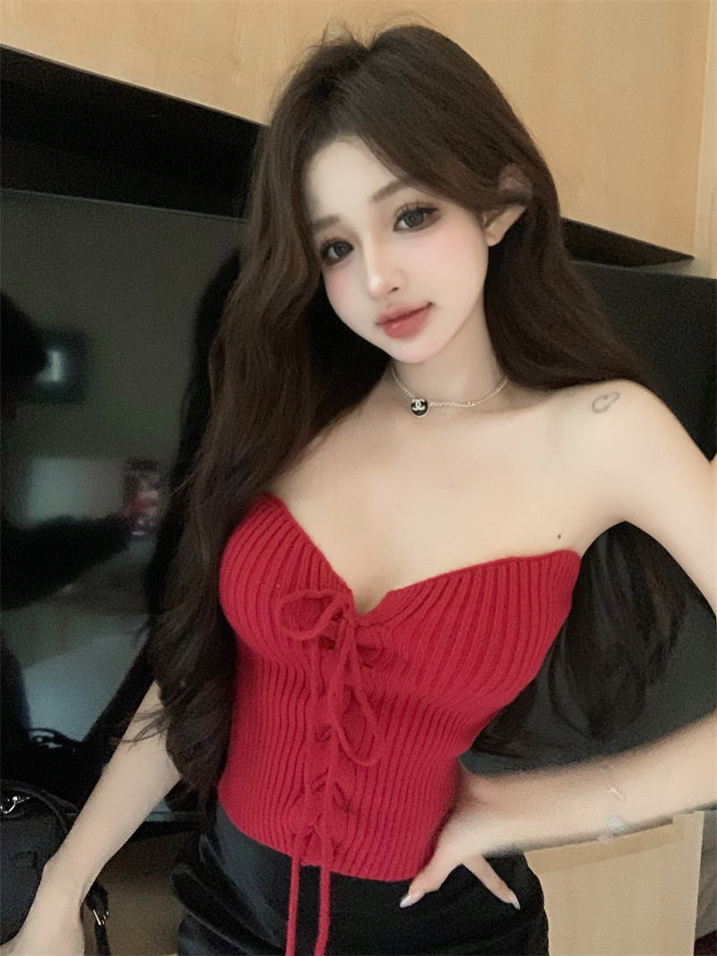 實拍 辣妹紅色針織抹胸女外穿性感短款上衣