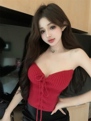 實拍 辣妹紅色針織抹胸女外穿性感短款上衣
