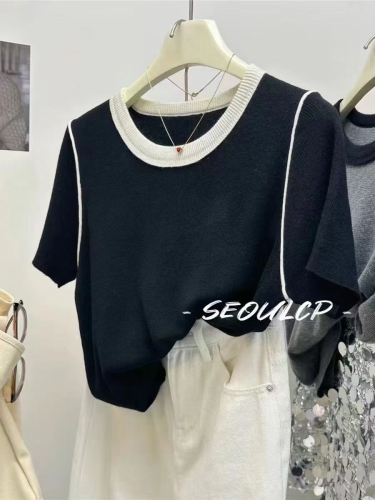 Seoulcp Korean blog recommended!  Wool color block short sleeve sweater loose breathable contrast color bottoming shirt for women