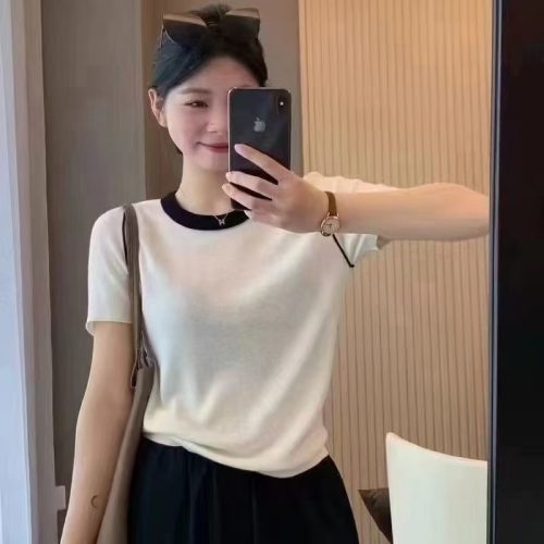 Seoulcp Korean blog recommended!  Wool color block short sleeve sweater loose breathable contrast color bottoming shirt for women