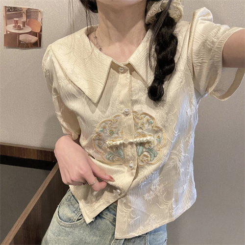 实拍新中式国风盘扣刺绣娃娃领短袖衬衫女甜美泡泡袖上衣