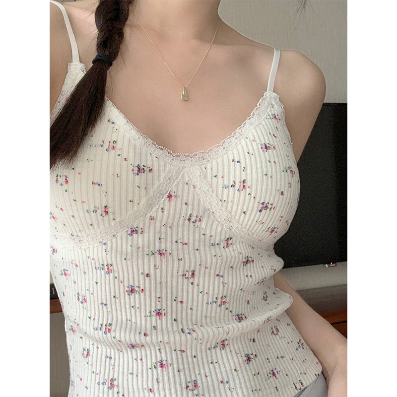 Real shot of retro simple floral girl slim and versatile lace with chest pad sling adjustable shoulder straps