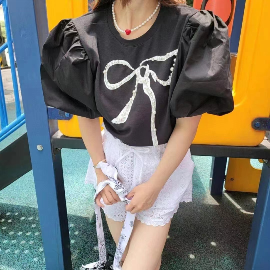 Korea simple casual round neck print + pearl decorated bow short-sleeved T-shirt