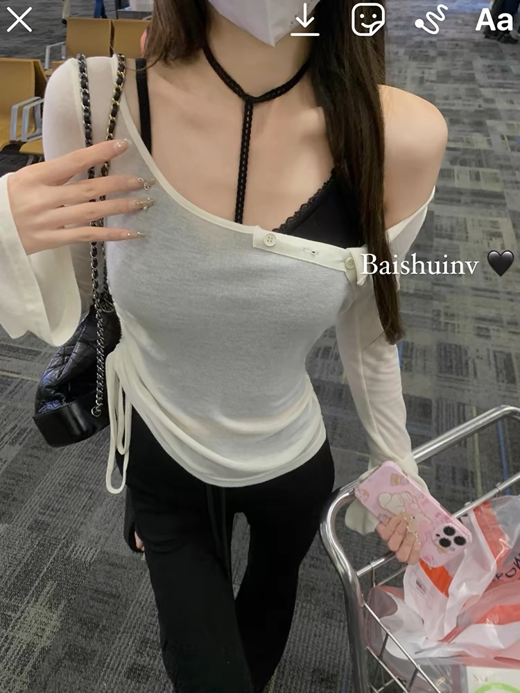 白水女溫柔姐姐~露肩T恤掛脖吊帶女不規則針織收腰設計感上衣