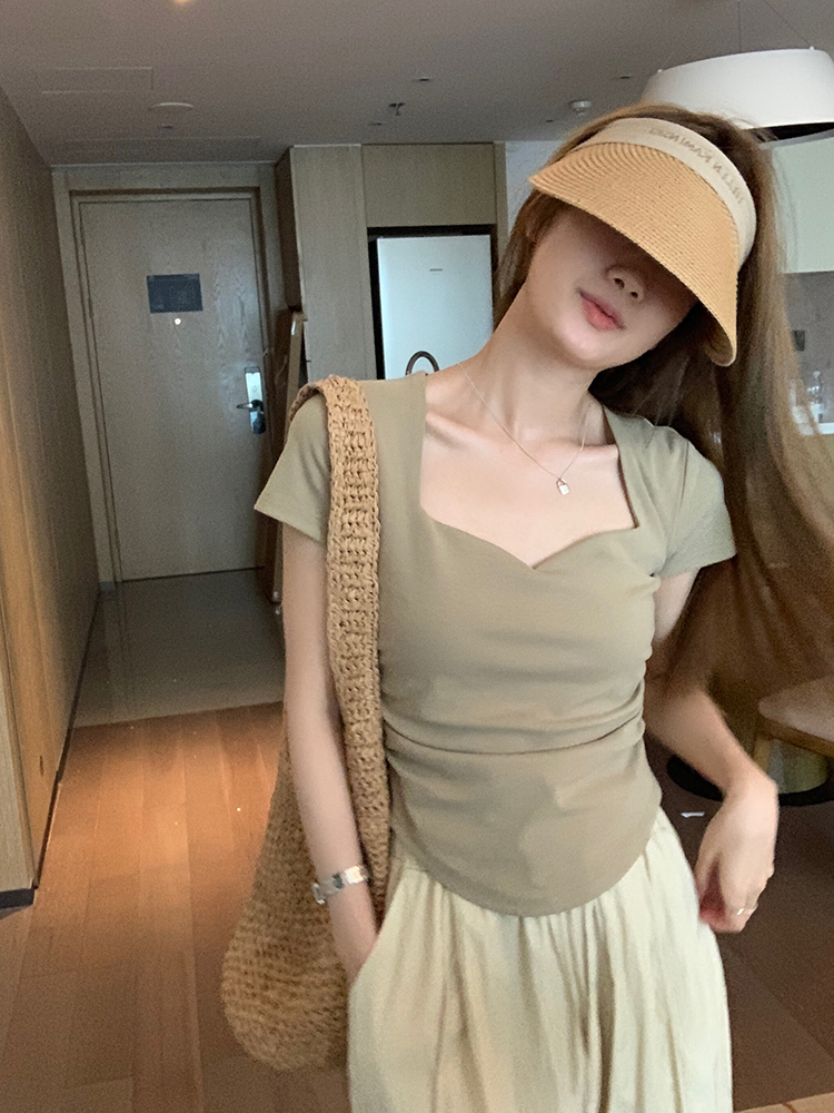 Pure cotton back strip 210g Odell 92 cotton 8 spandex short-sleeved T-shirt women's pleated heart collar quality