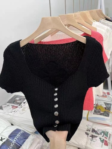 Purely Sweet Hot Girl Design Niche Short Top Summer Sexy Collarbone Chic Square Neck Women's Sweater Knitted Cardigan