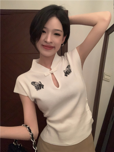 实拍 新中式白色刺绣镂空小飞袖针织t恤冰丝薄款修身显瘦上衣