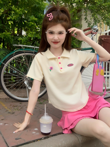 Real shot~Summer new versatile apricot Polo collar embroidered casual age-reducing short-sleeved irregular T-shirt
