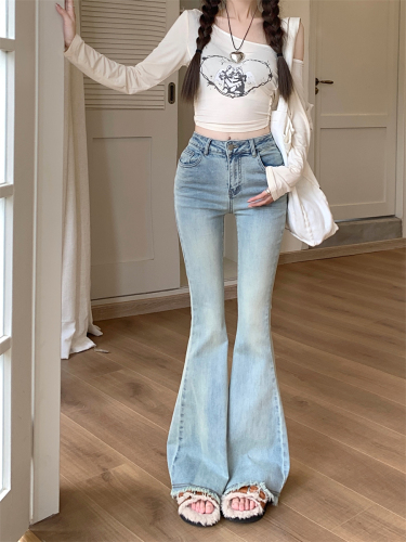 Actual shot ~ New style versatile high-waist slim light blue washed slim-fit raw edge slightly flared jeans