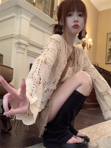 Lace Hollow Knitted Cardigan Women 2024 Summer New Style Strap Dress Outer Sunshade Shirt Air Conditioning Shirt Small Jacket 