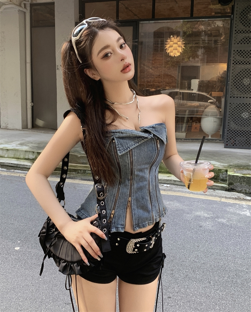 實拍 美式辣妹復古拉鏈拼接牛仔抹胸性感顯瘦露肩上衣女