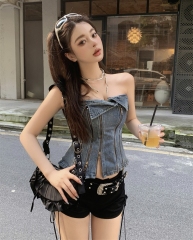 實拍 美式辣妹復古拉鏈拼接牛仔抹胸性感顯瘦露肩上衣女