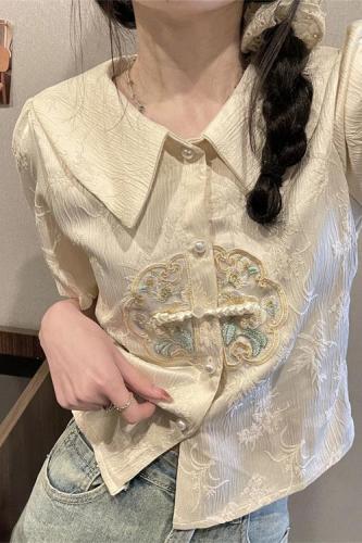 实拍新中式国风盘扣刺绣娃娃领短袖衬衫女甜美泡泡袖上衣