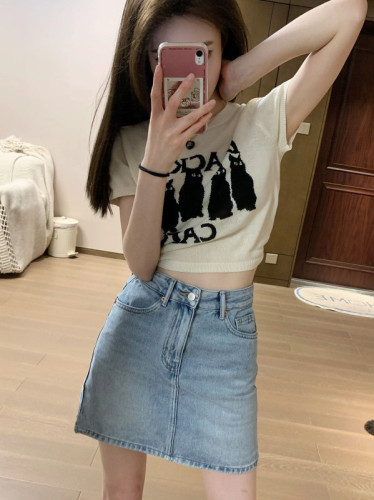 New summer cat sweater short-sleeved top for women with denim skirt two-piece set