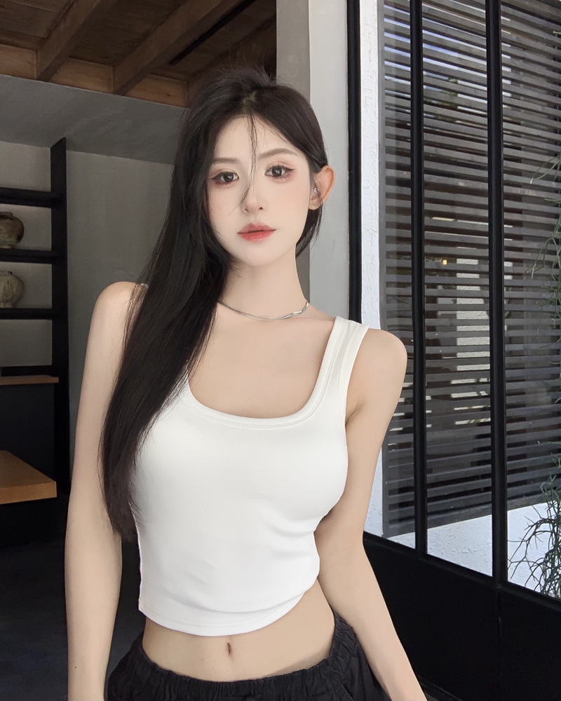 實拍辣妹純色緊身配胸墊遮副乳性感露背美背螺紋棉短背心女