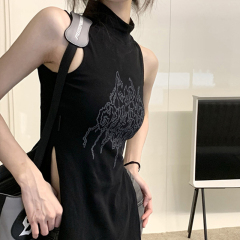 純欲性感辣妹無袖背心女夏季新款印花寬鬆顯瘦開叉修身國潮上衣服