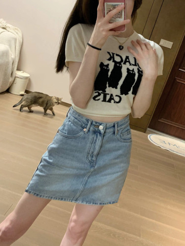 New summer cat sweater short-sleeved top for women with denim skirt two-piece set