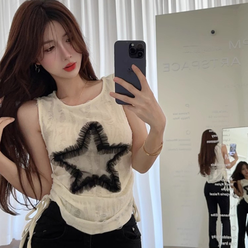 Official Photo Hot Girl Star Mesh Sleeveless Vest Suspender Women's Summer Loose Slimming Strap Drawstring Top