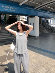 實拍   交叉帶外穿背心簡約設計感無袖內搭+鬆緊腰運動長褲女