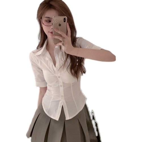 夏季新款纯欲辣妹风性感polo领白色短袖衬衫女韩版设计感小众衬衣