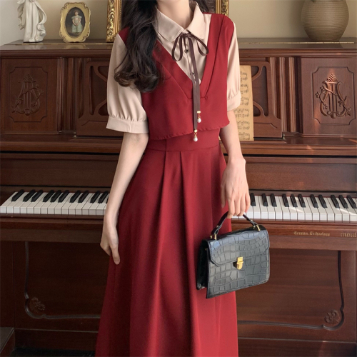 酷丝棉面料拼接假两件连衣裙夏季韩系学院风减龄网红新款长裙