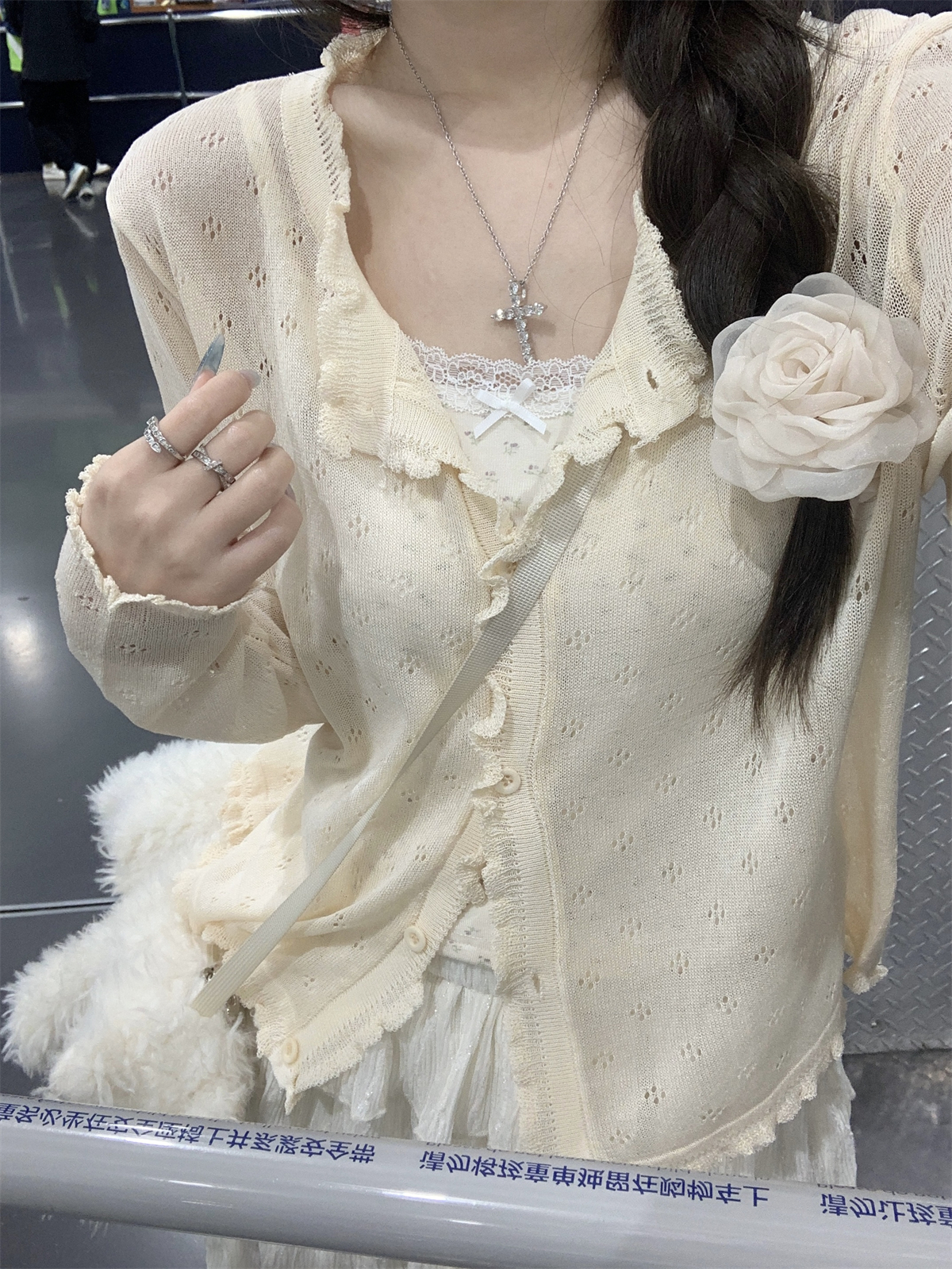 Actual shot of summer Korean style loose lace hollow imitation linen thin sun protection cardigan knitted long-sleeved top