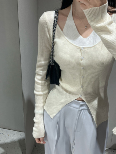 韩国chic春日假两件气质挂脖设计感长袖针织上衣