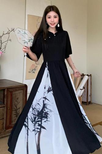 新中式大码女装X型连衣裙长裙中国风竹叶拼色大码长裙