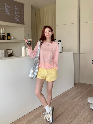 Real shot ~ Smiling face thin sunscreen long-sleeved T-shirt women's air-conditioning shirt casual shorts dopamine suit summer