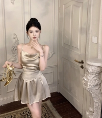 實拍 法式高級感小眾綢面吊帶修身顯瘦連衣裙子女