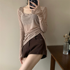 實拍  新款露肩T恤不規則針織收腰設計感上衣