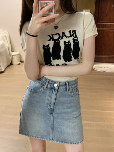 New summer cat sweater short-sleeved top for women with denim skirt two-piece set