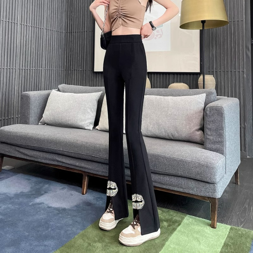 新中式国风微喇盘扣裤子女春设计感高腰直筒开叉喇叭裤